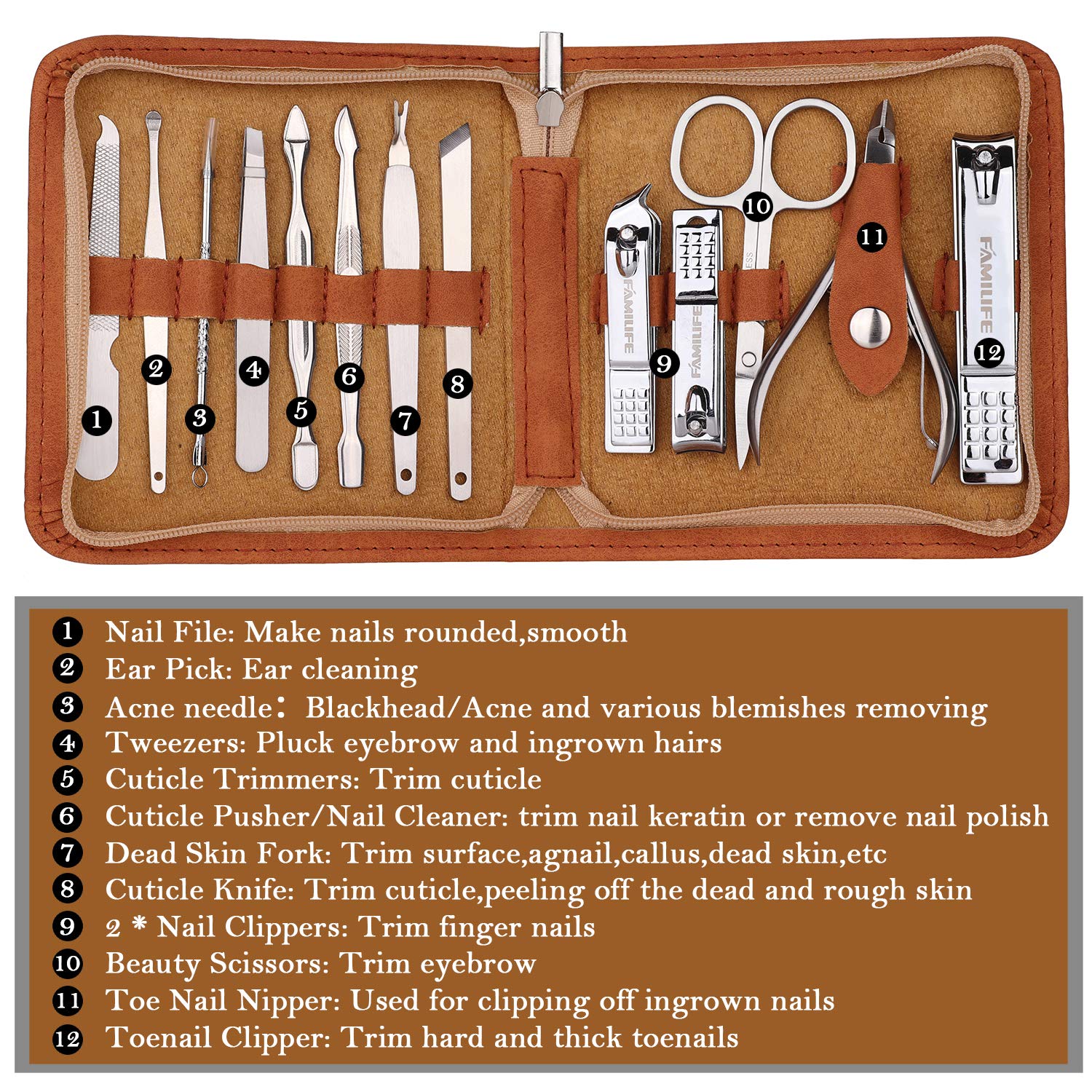 FAMILIFE F03 Manicure Pedicure Set Nail Clippers Tool 13pcs Professional Stainless Steel Portable Travel Grooming Kit Nail Care Nail Scissors Kit Men Women